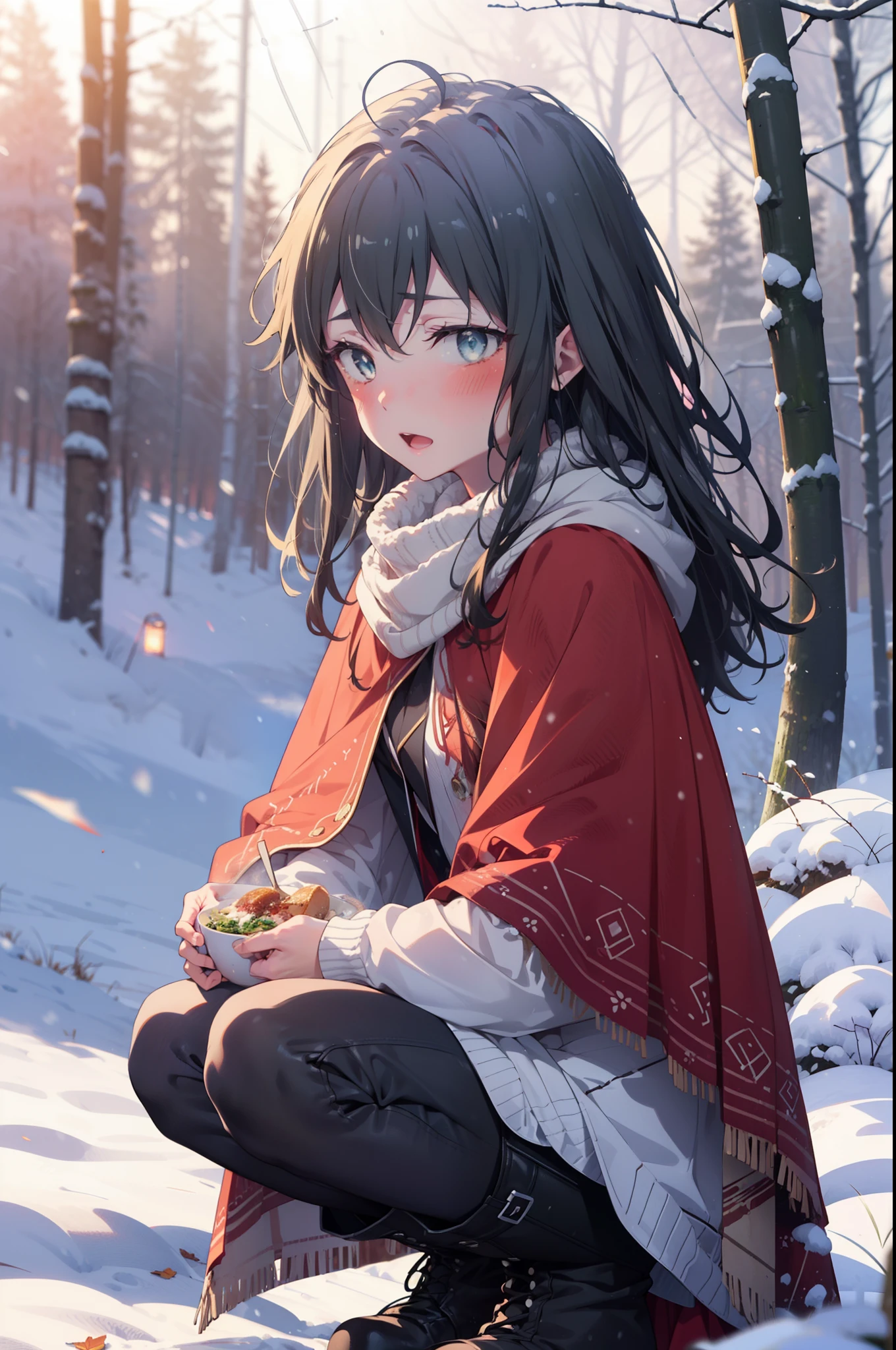 yukinoyukinoshita, yukino yukinoshita, Black Hair, blue eyes, Long Hair, Ahoge,smile,blush,White Breath,
Open your mouth,snow,Ground bonfire, Outdoor, boots, snowing, From the side, wood, suitcase, Cape, Blurred, Increase your meals, forest, White handbag, nature,  Squat, Mouth closed, フードed Cape, winter, Written boundary depth, Black shoes, red Cape break looking at viewer, Upper Body, whole body, break Outdoor, forest, nature, break (masterpiece:1.2), highest quality, High resolution, unity 8k wallpaper, (shape:0.8), (Beautiful and beautiful eyes:1.6), Highly detailed face, Perfect lighting, Highly detailed CG, (Perfect hands, Perfect Anatomy),