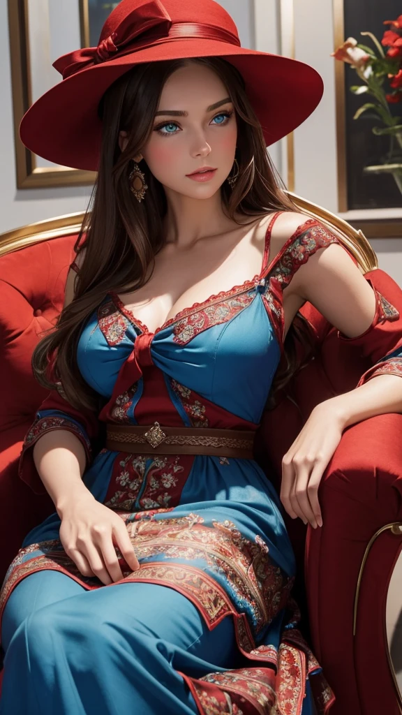 A beautiful woman with blue eyes and brown hair, vestida con un elegante vestido rojo y un sombrero con flores. She is sitting on a red chair and has a blue bow on her hat..