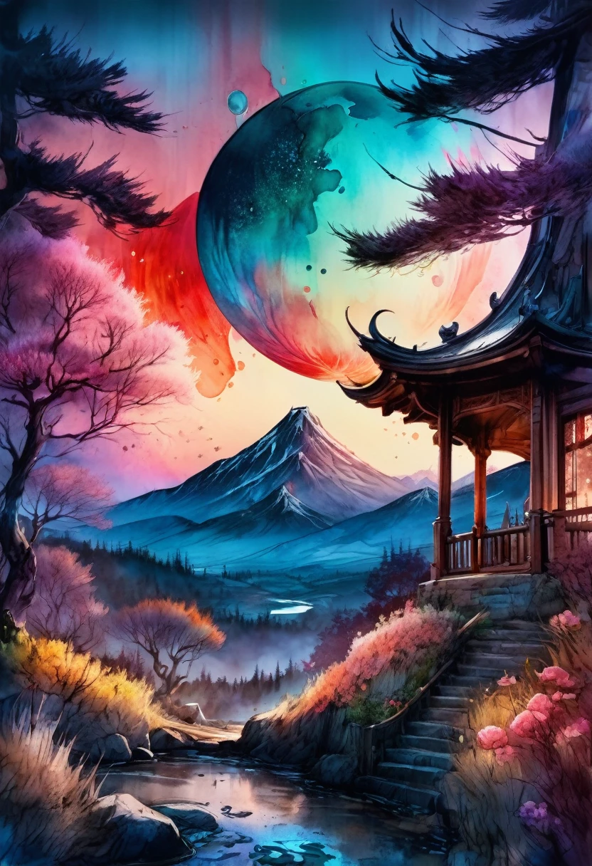 Watercolor Landscape, bloodmoon watercolor vibrant colors, landscape, bloodmoon Digital watercolor Illustration of a summerscape sunset, by JB, Waterhouse, Carne Griffiths, Minjae Lee, Ana Paula Hoppe, Stylized watercolor art, Intricate, Complex contrast, HDR, Sharp, soft Cinematic Volumetric lighting, flowery pastel colours, wide long shot, perfect masterpiece, detailed matte painting, deep color, fantastical, intricate detail, splash screen, complementary colors, fantasy concept art, 8k resolution trending on Artstation Unreal Engine 5, traditional media,watercolor \(medium\),pencil \(medium\),paper \(medium\),painting \(medium\),