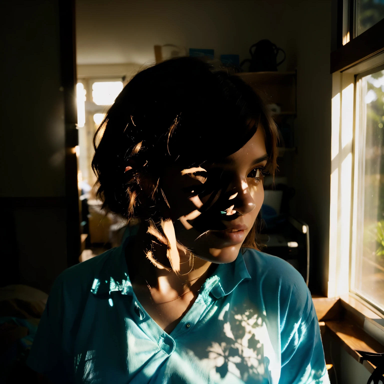 hay un mujer con una blusa azul, retrato retroiluminado, sun behind her, cara retroiluminada, tomada con una pentax k1000, hard morning light, Orelsan symmetrical face, retrato de lofi en una ventana, cinematic morning light, evening lighting, retroiluminado, with backlight, luz solar intensa