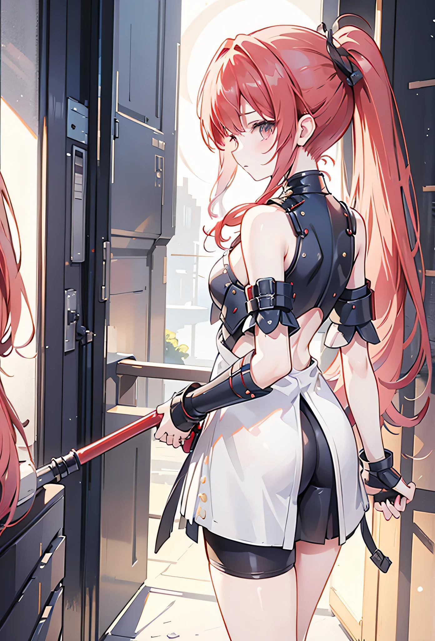 Tonfa Leather armor Thighs ponytail Modest chest Back view look back moon Red hair