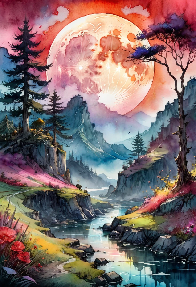 Watercolor Landscape, bloodmoon watercolor vibrant colors, landscape, bloodmoon Digital watercolor Illustration of a summerscape sunset, by JB, Waterhouse, Carne Griffiths, Minjae Lee, Ana Paula Hoppe, Stylized watercolor art, Intricate, Complex contrast, HDR, Sharp, soft Cinematic Volumetric lighting, flowery pastel colours, wide long shot, perfect masterpiece, detailed matte painting, deep color, fantastical, intricate detail, splash screen, complementary colors, fantasy concept art, 8k resolution trending on Artstation Unreal Engine 5, traditional media,watercolor \(medium\),pencil \(medium\),paper \(medium\),painting \(medium\),