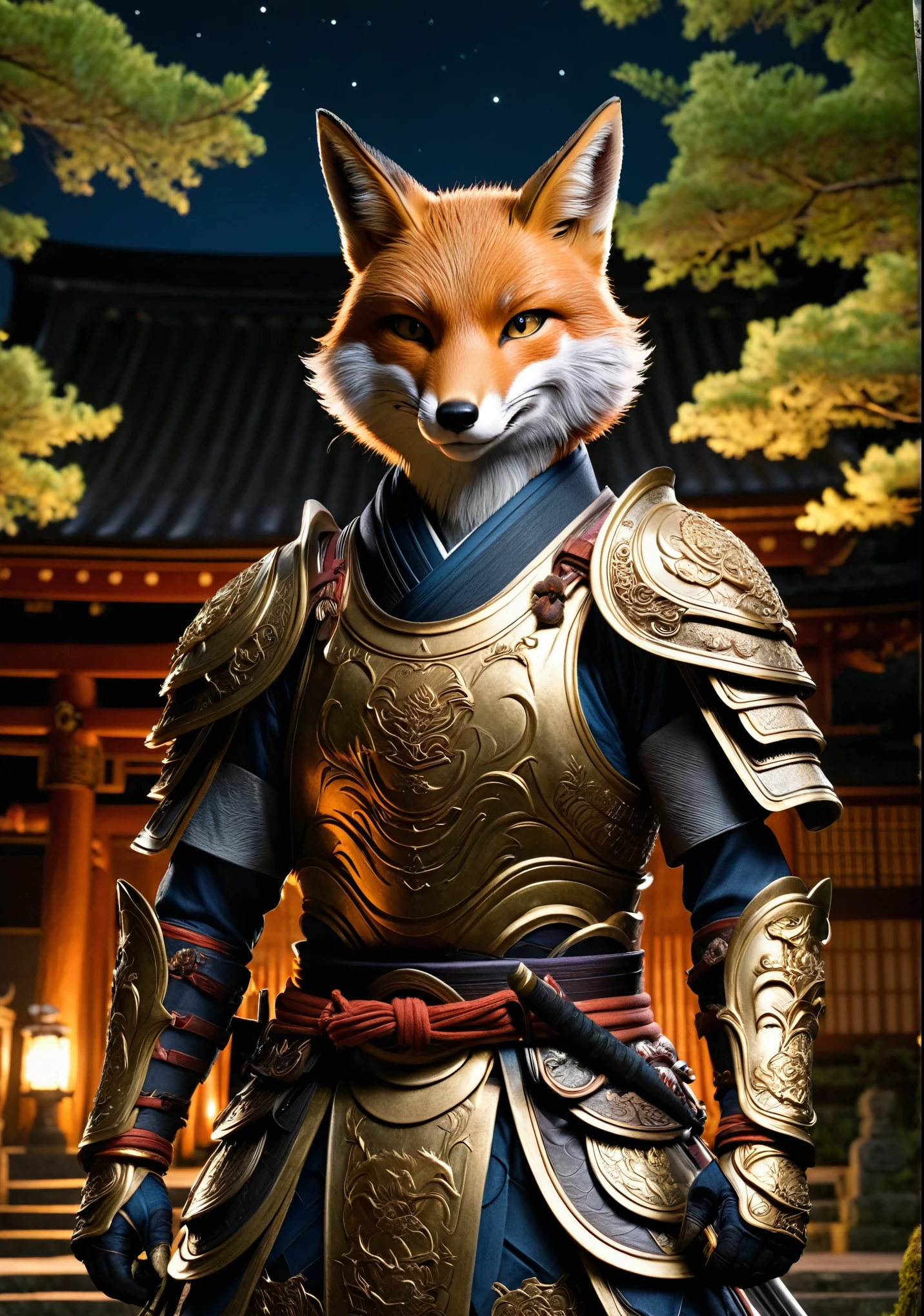 An anthropomorphic fox monster wearing old Japanese samurai armor、Wearing samurai armor、In front of the ruined shrine、Moonlit Night、lush vegetation、Old tales、Like a movie、8K、16K、Detailed
