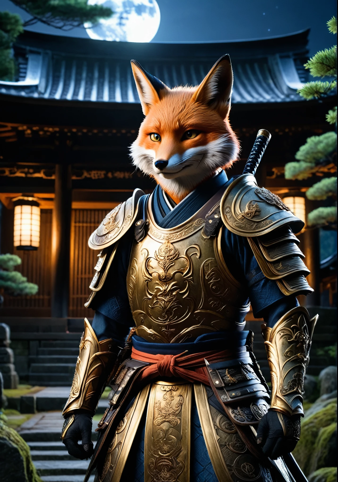 An anthropomorphic fox monster wearing old Japanese samurai armor、Wearing samurai armor、In front of the ruined shrine、Moonlit Night、lush vegetation、Old tales、Like a movie、8K、16K、Detailed
