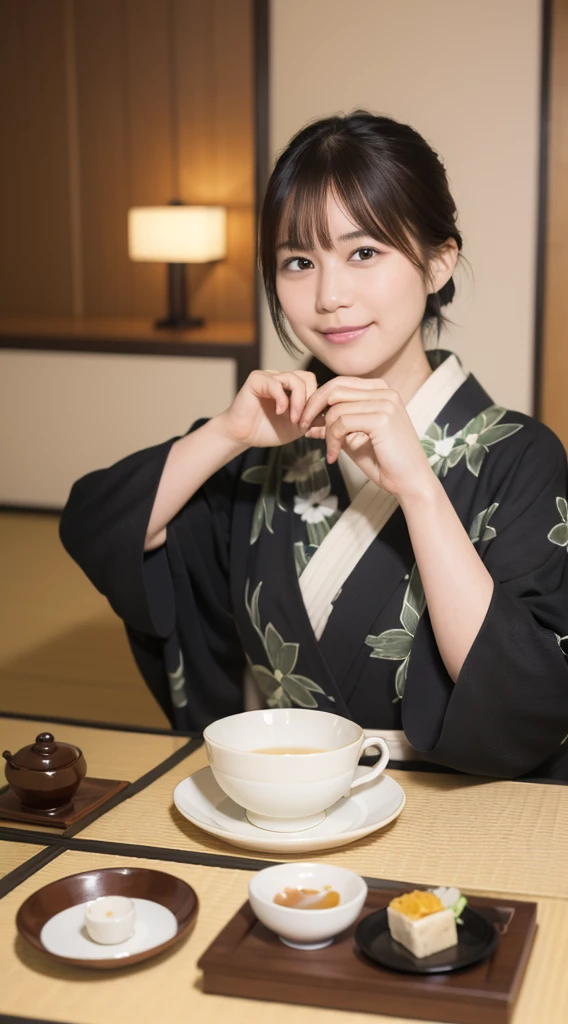 masterpiece, highest quality, An illustration, Super detailed, In detail, High resolution, 8K Quality Wallpapers, Perfect dynamic composition, Beautiful fine details, kimono, 整ったkimono姿, (Black Short Hair), smile, Looking into the camera, Kyoto Uzumasa Studio Park, Japanese Castle Town, Japanese garden, Tea Room, Tea Ceremony