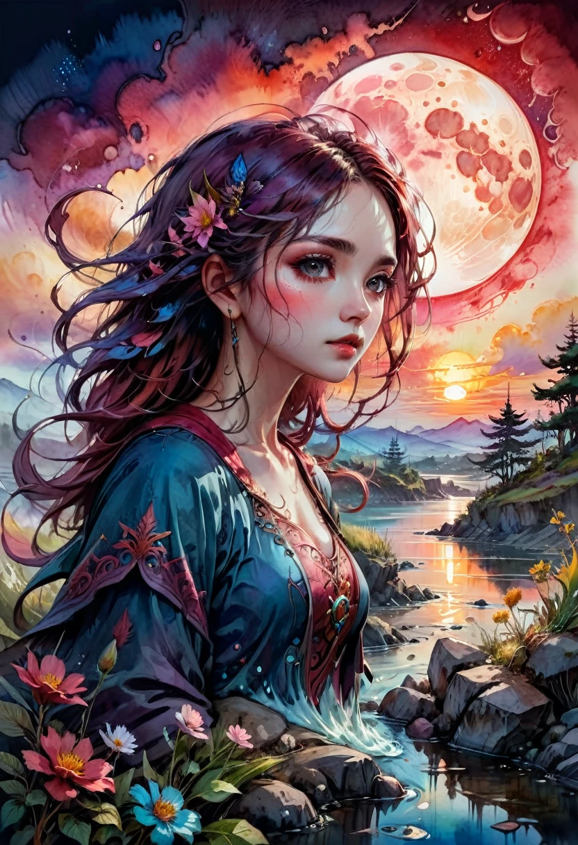 Watercolor Landscape, bloodmoon watercolor vibrant colors, landscape, bloodmoon Digital watercolor Illustration of a summerscape sunset, by JB, Waterhouse, Carne Griffiths, Minjae Lee, Ana Paula Hoppe, Stylized watercolor art, Intricate, Complex contrast, HDR, Sharp, soft Cinematic Volumetric lighting, flowery pastel colours, wide long shot, perfect masterpiece, detailed matte painting, deep color, fantastical, intricate detail, splash screen, complementary colors, fantasy concept art, 8k resolution trending on Artstation Unreal Engine 5, traditional media,watercolor \(medium\),pencil \(medium\),paper \(medium\),painting \(medium\),