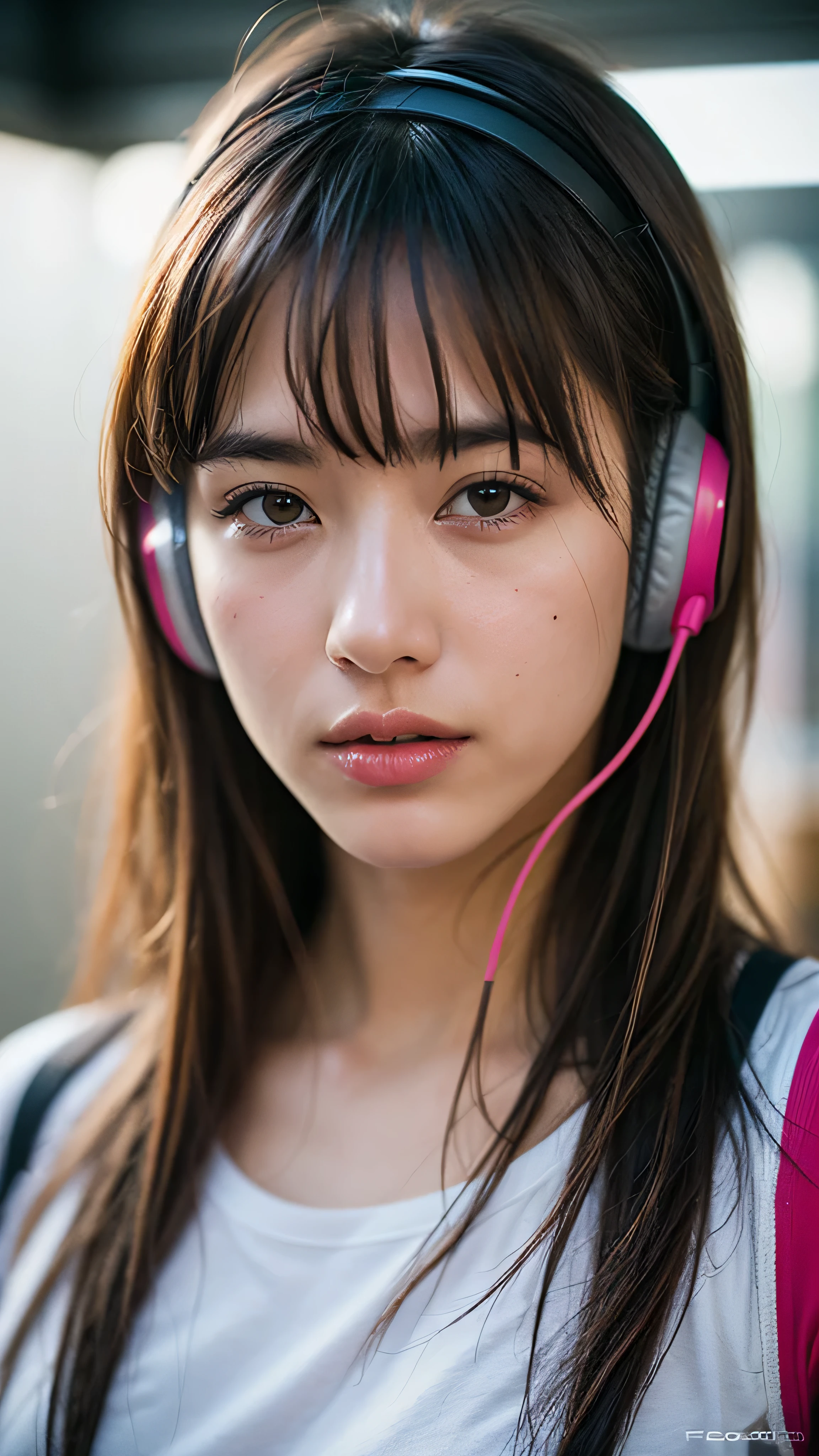 A handsome Japanese 20-year-old girl with a cap on her head ，headphones around her neck , half-length photo, facing the audience directly, symmetrical facial close-up, facing the audience head-on, wearing modern and stylish sportswear, art clothes, pearls, H. R. Giger, white background