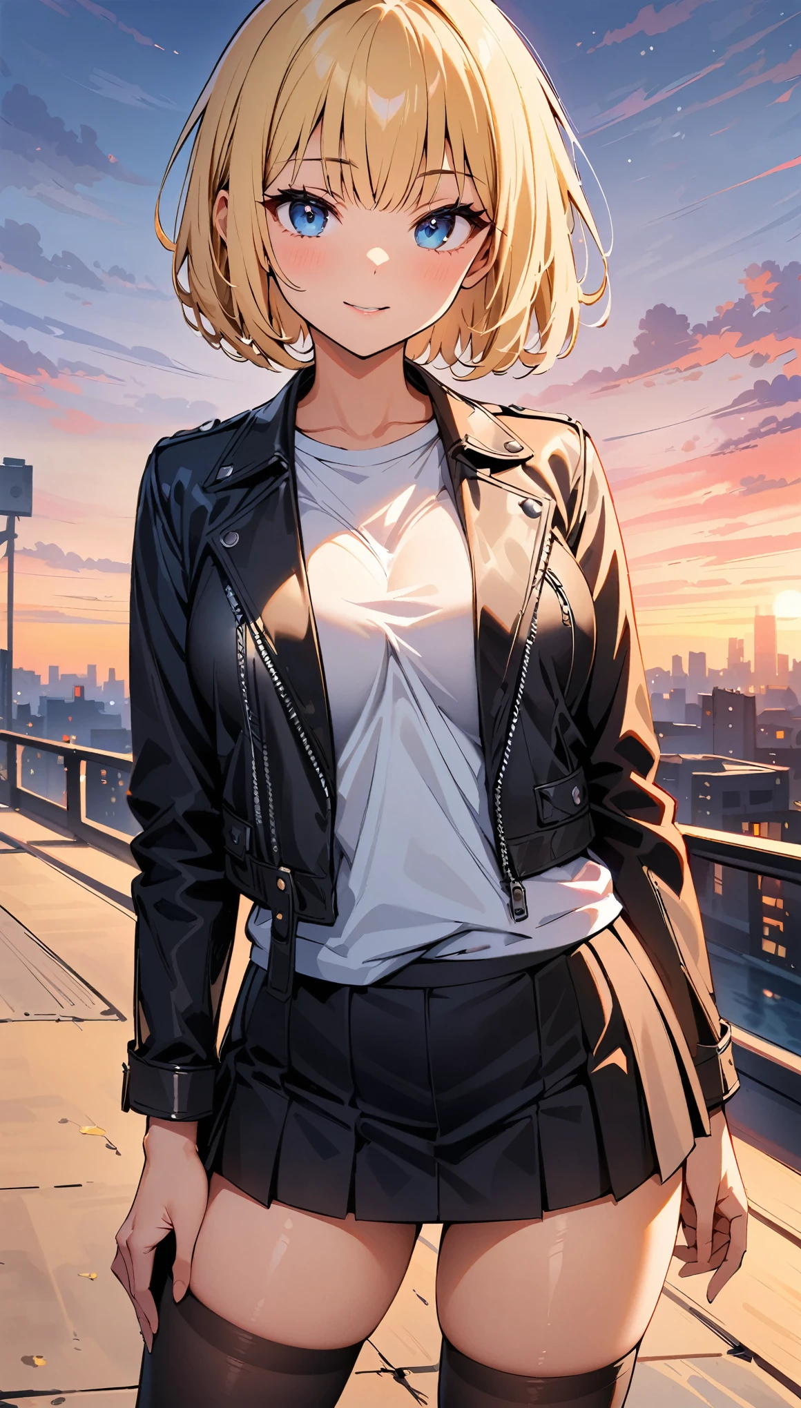 (highest quality, 4K, 8K High Resolution, masterpiece:1.2), Very detailed, one person, woman, (Blonde, Medium Hair, Bobcut, blue eyes), Standing pose, Sexy vibe, Attractive breasts, Magic Hour, (Leather jacket, mini skirt, Black Stockings), Emphasis on individuality and uniqueness, Fine and beautiful eyes, Beautiful lip detail, Long eyelashes, Bright colors, Photo Spot, In front of a white wall, Cowboy Shot, Soft and warm color palette.