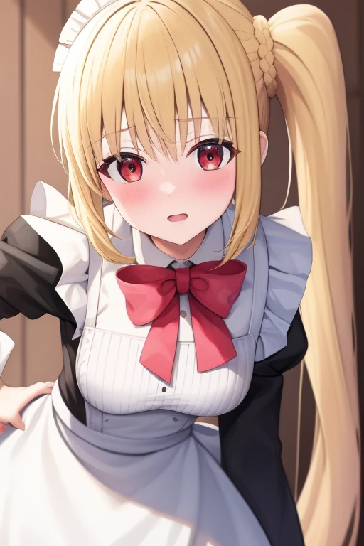 (masterpiece, highest quality:1.2), Blonde girl with red eyes,
 Side Ponytail, Full Bang,maid costume,leaning forward
,Embarrassed, School, 
Super detaileded, highest quality, Expressive eyes, Perfect Face, super high quality, Super detailed