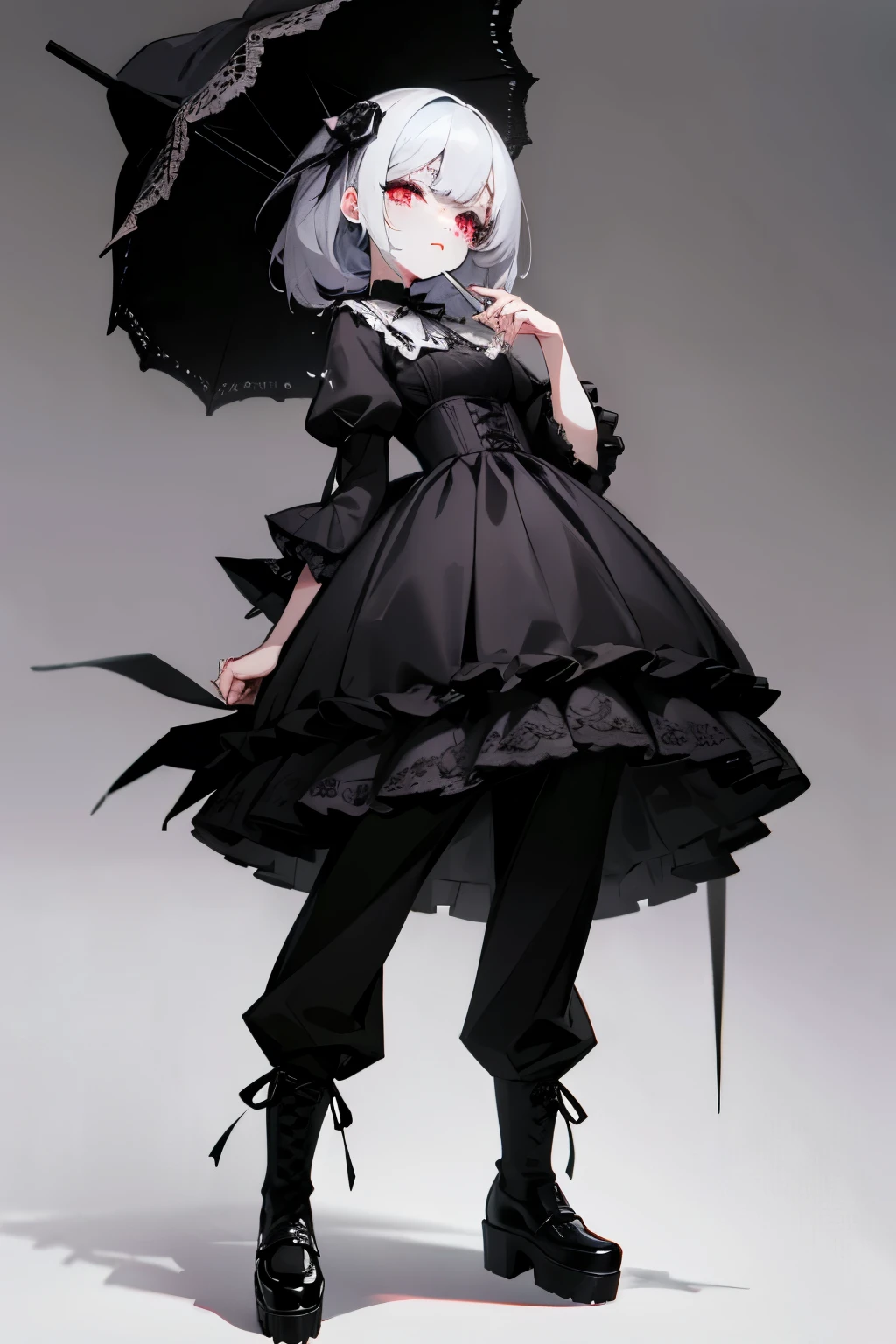 Concept: "Kawaii illness" Makeup that looks like a doll with no blood color Red eyes that look like they've been crying Draw eyeliner on the lower eyelid to create a dark atmosphere Lipstick is dark, even black, rather than red or deep, or even blackish rose,Dresses with ruffles or lace, or black dresses with white lace layered on top, are popular. Blouses with ruffles or lace, or black blouses with white lace layered on top, are also popular. Pleated skirts and long skirts are popular. Black pants or lace-up pants are popular. Platform boots or platform loafers are popular. Jirai-kei fashion is characterized by a dark atmosphere with a black base. By incorporating sweet elements such as ruffles and lace, it creates a "sickly cute" atmosphere. Additionally, by adding platform shoes, it further emphasizes the "sickly cute" atmosphere.