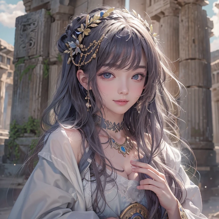Hiding in the grave、Hair flow、 ((highest quality、masterpiece、8k、Best image quality、Ultra-high resolution、Award-winning works)、(Accurate anatomy:1.1)、(Look at me and smile:1.1)、Shining fair skin with Ultra-high resolution、The most detailed face、Ultra-high resolution detailed face、Ultra-high resolutionの髪の毛、(Ultra-high resolutionの煌めく瞳:1.1)、Beautiful face drawn in every detail、Ancient Greek Clothing, Chest to chest, tattoo, Old ruins in the background、ghosts around her