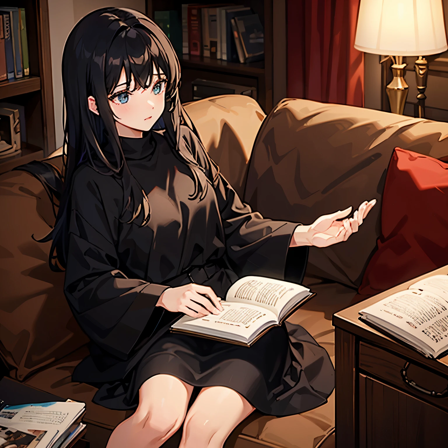 A black-haired girl is reading a magic book