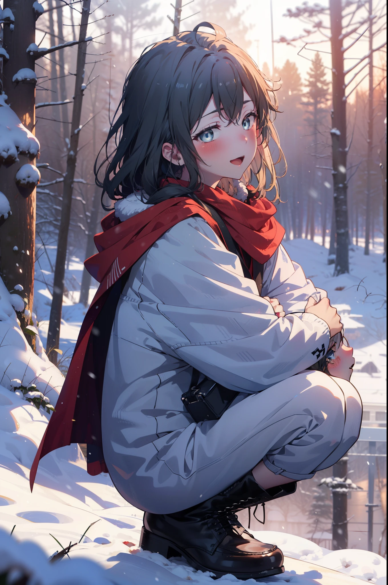 yukinoyukinoshita, yukino yukinoshita, Black Hair, blue eyes, Long Hair, Ahoge,smile,blush,White Breath,
Open your mouth,snow,Ground bonfire, Outdoor, boots, snowing, From the side, wood, suitcase, Cape, Blurred, Increase your meals, forest, White handbag, nature,  Squat, Mouth closed, フードed Cape, winter, Written boundary depth, Black shoes, red Cape break looking at viewer, Upper Body, whole body, break Outdoor, forest, nature, break (masterpiece:1.2), highest quality, High resolution, unity 8k wallpaper, (shape:0.8), (Beautiful and beautiful eyes:1.6), Highly detailed face, Perfect lighting, Highly detailed CG, (Perfect hands, Perfect Anatomy),