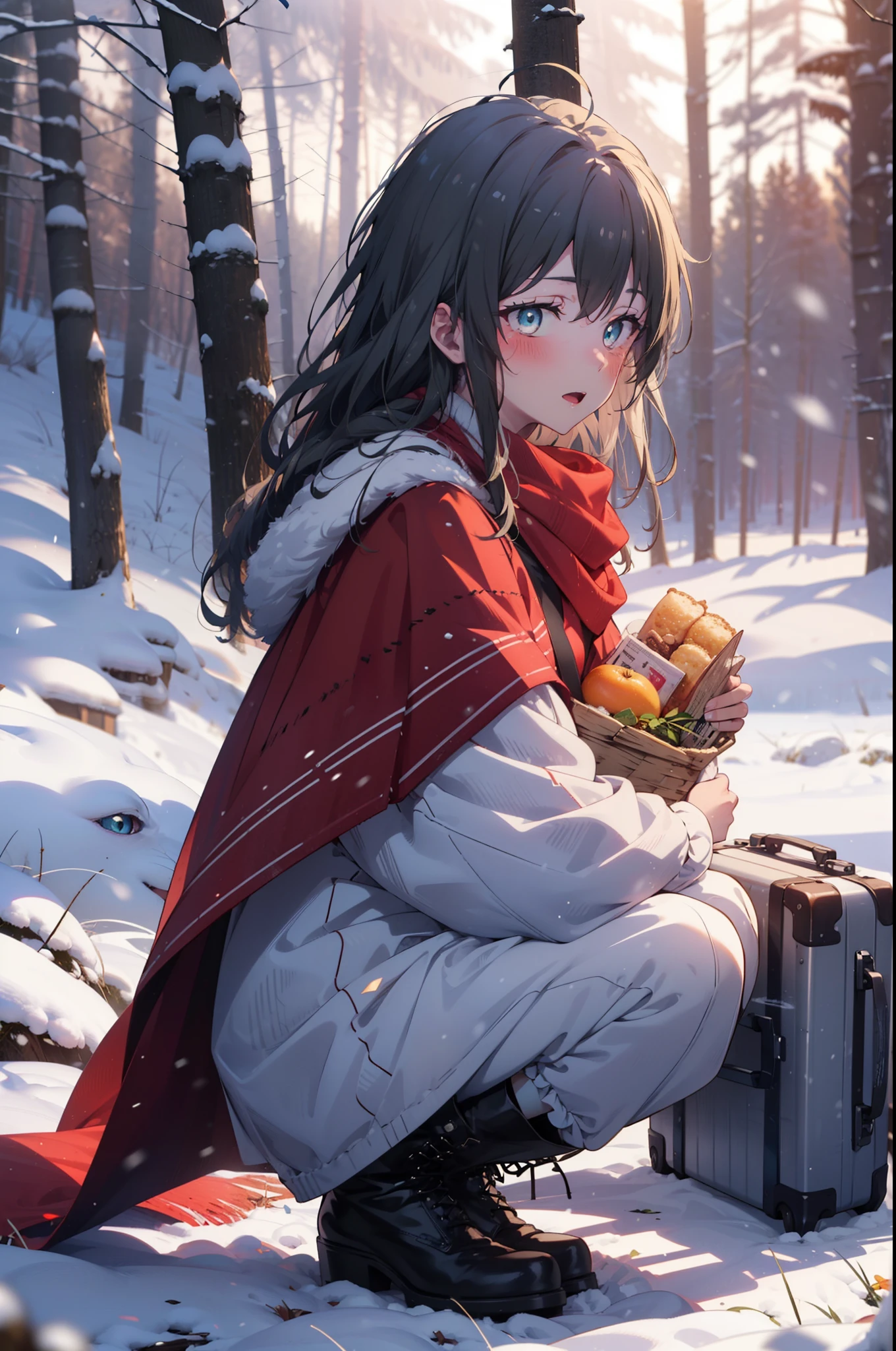 yukinoyukinoshita, yukino yukinoshita, Black Hair, blue eyes, Long Hair, Ahoge,smile,blush,White Breath,
Open your mouth,snow,Ground bonfire, Outdoor, boots, snowing, From the side, wood, suitcase, Cape, Blurred, Increase your meals, forest, White handbag, nature, Squat, Mouth closed, フードed Cape, winter, Written boundary depth, Black shoes, red Cape break looking at viewer, Upper Body, whole body, break Outdoor, forest, nature, break (masterpiece:1.2), highest quality, High resolution, unity 8k wallpaper, (shape:0.8), (Beautiful and beautiful eyes:1.6), Highly detailed face, Perfect lighting, Highly detailed CG, (Perfect hands, Perfect Anatomy),