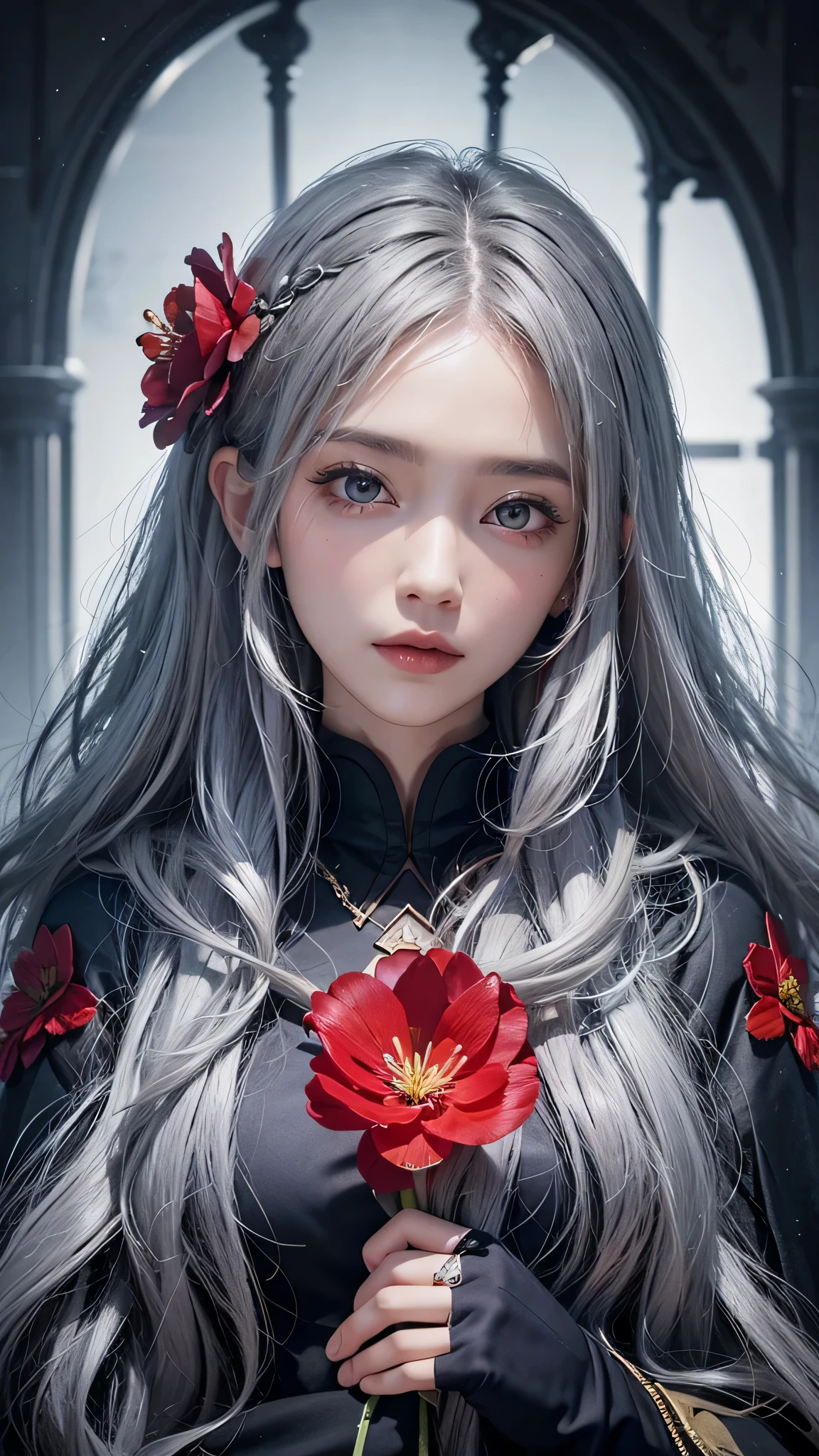 One girl,alone,One girl,alone,((Beautiful fine details)), (Detailed light),Depth of written boundary,(Gray Hair),Silver Eyes,Hair on one eye,(Red flower ), Hair Flowers,Long Hair,Black Cape,Wet,emotionless,Recall,night,Starfall,it&#39;s raining,fog,Red flowers falling,sketch,Upper Body,Strong Shadows,