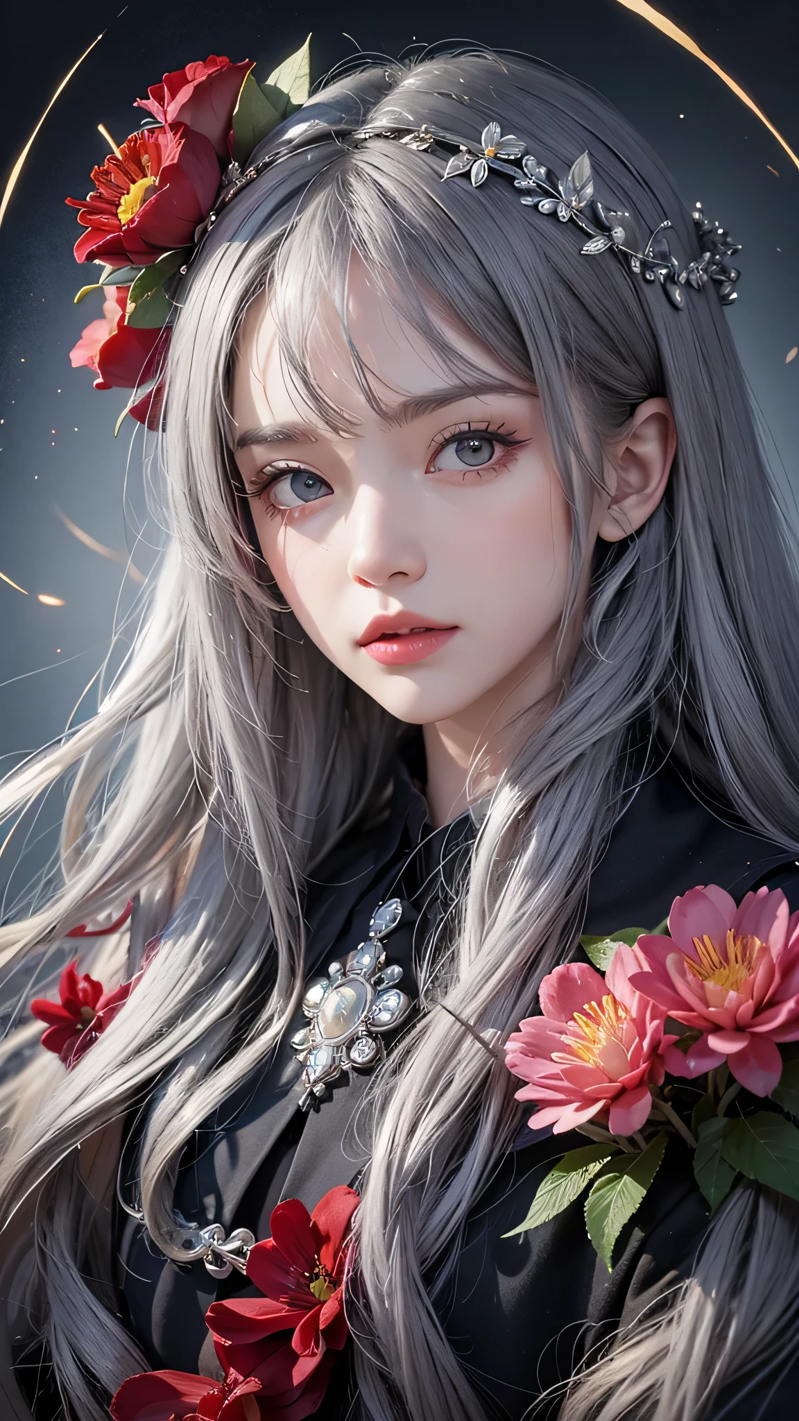 One girl,alone,One girl,alone,((Beautiful fine details)), (Detailed light),Depth of written boundary,(Gray Hair),Silver Eyes,Hair on one eye,(Red flower ), Hair Flowers,Long Hair,Black Cape,Wet,emotionless,Recall,night,Starfall,it's raining,fog,Red flowers falling,sketch,Upper Body,Strong Shadows,