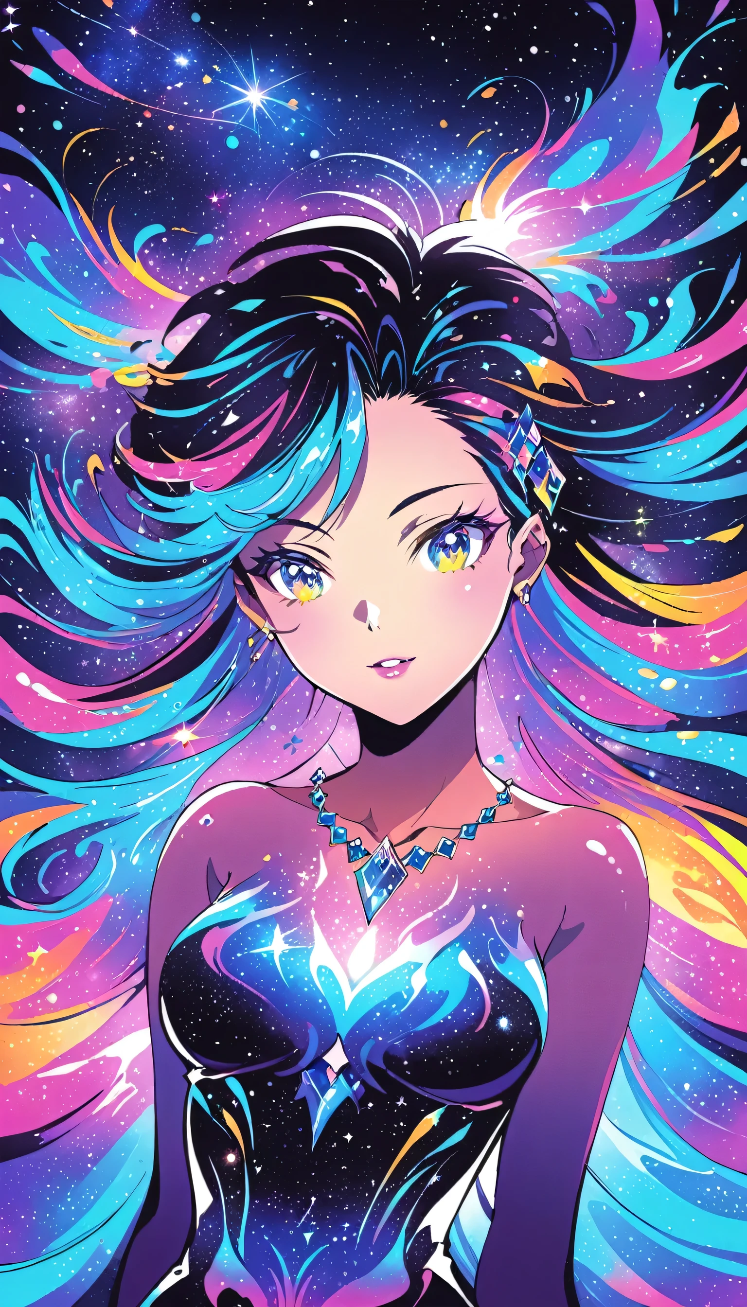Close-up of a woman with colorful hair and necklace, Anime girl with space-like hair, Ross paints a soft, lively picture, Gvez-style artwork, Fantasy art style, colorful], Vivid fantasy style, Ross draws vibrant cartoons, cosmic and colorful, Gweitz, colorful digital fantasy art, Great art style, Beautiful anime style, Shiny Hair