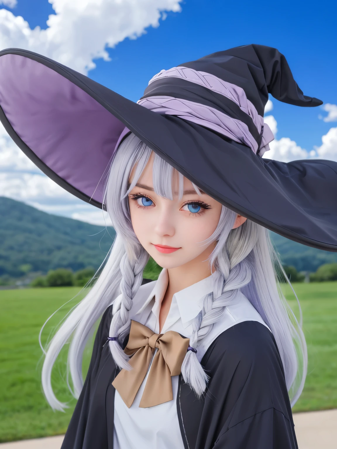 best quality, masterpiece, highres, realistic, cosplayer, solo, {elaina_majonotabitabi:1.15}, long_hair, bangs, hair_between_eyes, blue_eyes, closed_mouth, grey_hair, bow, white_hair, hat, witch_hat, braided_hair, black_robe,  black_headwear, purple_eyes, 1girl, blue_sky, cloud, collared_shirt, portrait, sky, day, shirt, white_shirt, blush, anime_coloring, standing, outdoor 