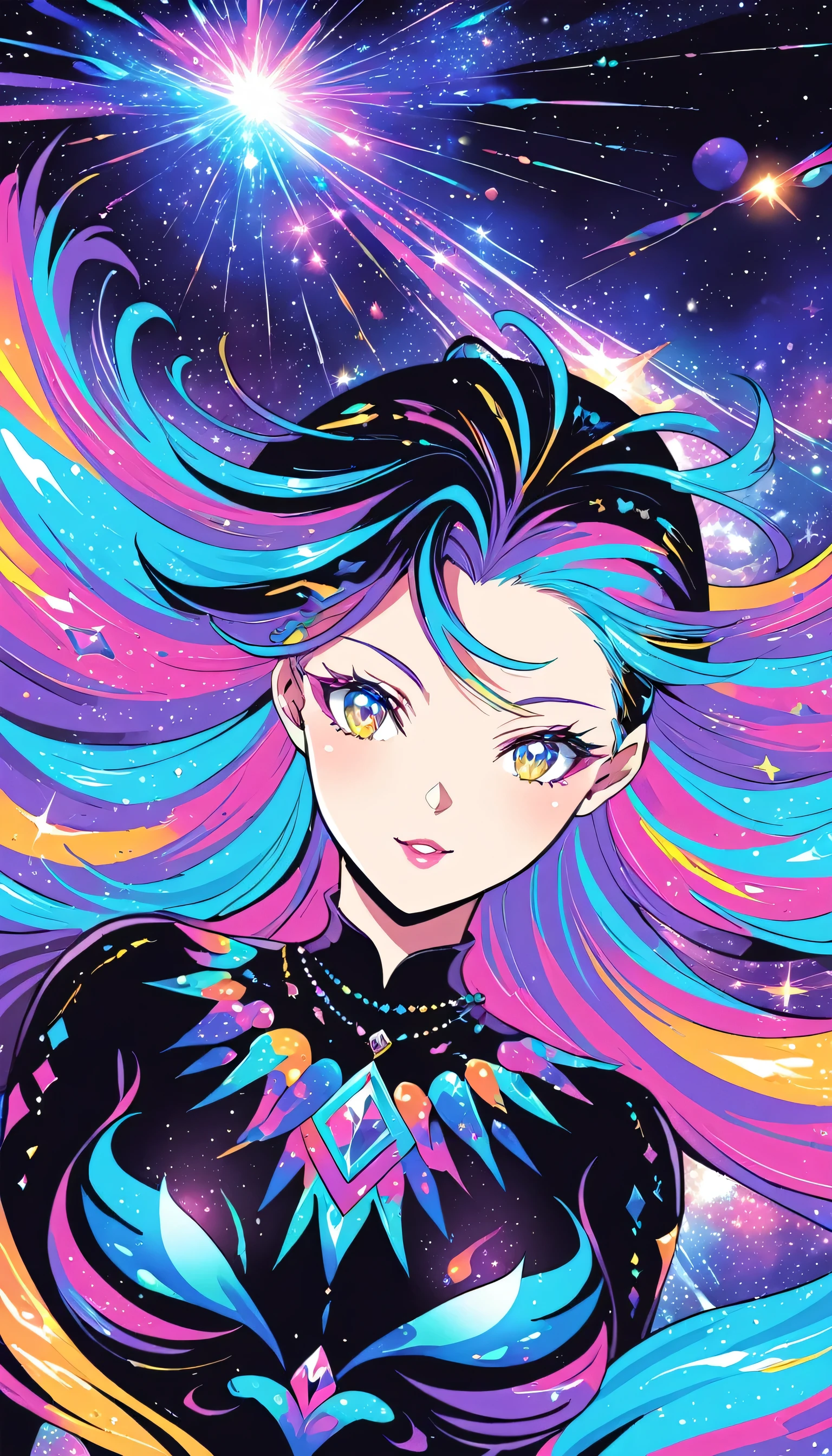 Close-up of a woman with colorful hair and necklace, Anime girl with space-like hair, Ross paints a soft, lively picture, Gvez-style artwork, Fantasy art style, colorful], Vivid fantasy style, Ross draws vibrant cartoons, cosmic and colorful, Gweitz, colorful digital fantasy art, Great art style, Beautiful anime style, Shiny Hair