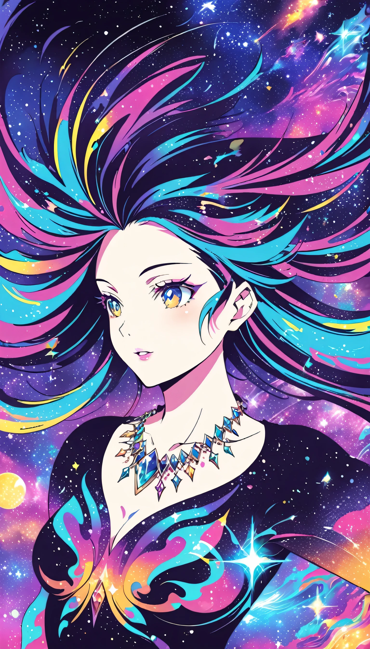 Close-up of a woman with colorful hair and necklace, Anime girl with space-like hair, Ross paints a soft, lively picture, Gvez-style artwork, Fantasy art style, colorful], Vivid fantasy style, Ross draws vibrant cartoons, cosmic and colorful, Gweitz, colorful digital fantasy art, Great art style, Beautiful anime style, Shiny Hair