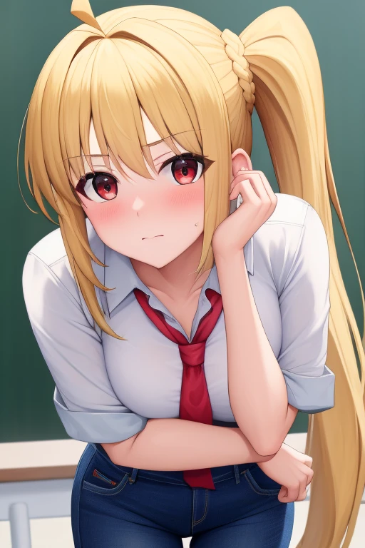 (masterpiece, highest quality:1.2), Blonde girl with red eyes,
Side Ponytail, Full Bang, jeans,leaning forward
,Embarrassed, School,
Super detaileded, highest quality, Expressive eyes, Perfect Face, super high quality, Super detailed