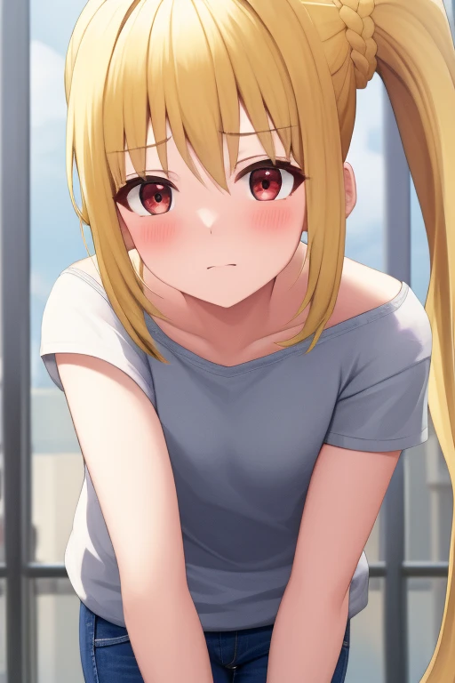 (masterpiece, highest quality:1.2), Blonde girl with red eyes,
 Side Ponytail, Full Bang,	jeans,leaning forward
,Embarrassed, School, 
Super detaileded, highest quality, Expressive eyes, Perfect Face, super high quality, Super detailed