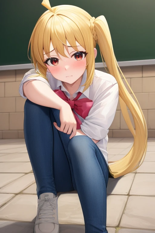 (masterpiece, highest quality:1.2), Blonde girl with red eyes,
Side Ponytail, Full Bang, jeans,leaning forward
,Embarrassed, School,
Super detaileded, highest quality, Expressive eyes, Perfect Face, super high quality, Super detailed