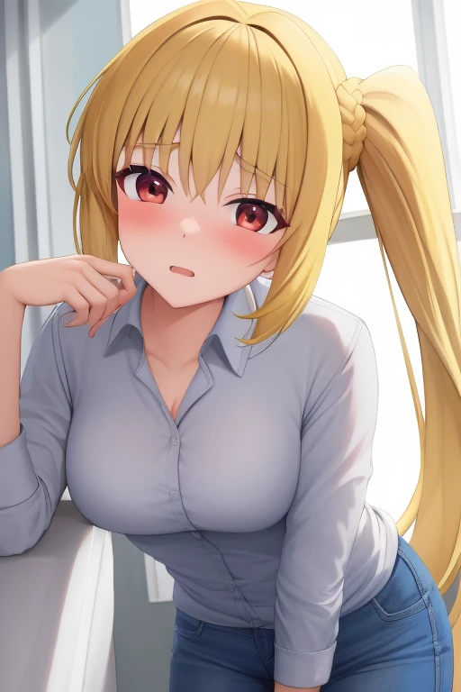 (masterpiece, highest quality:1.2), Blonde girl with red eyes,
 Side Ponytail, Full Bang,	jeans,leaning forward
,Embarrassed, School, 
Super detaileded, highest quality, Expressive eyes, Perfect Face, super high quality, Super detailed