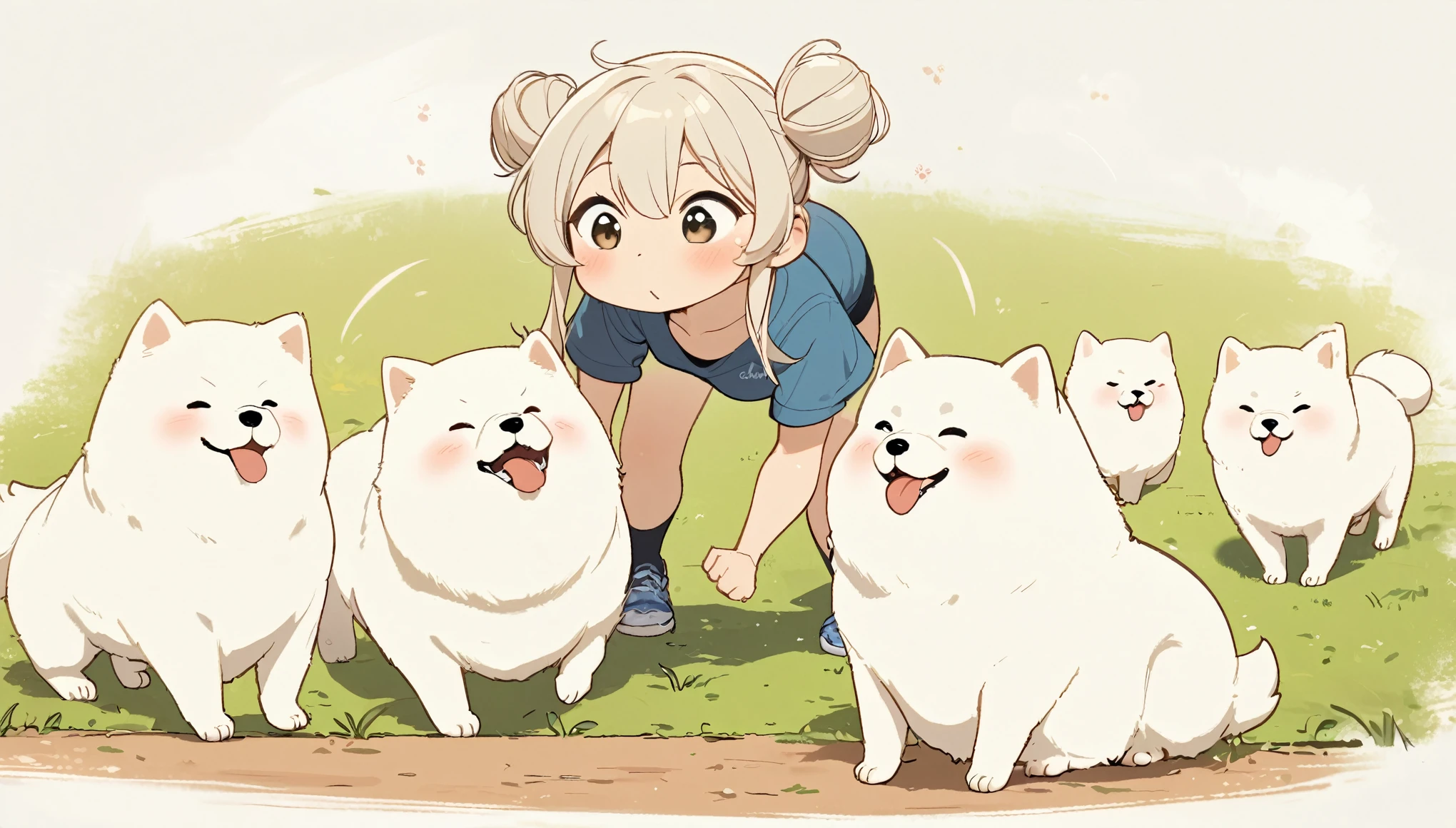 (masterpiece, highest quality:1.2), 1 girl, alone,Big eyes,Cute Chinese Girl,Shirt cartoon style character design,Exaggeration,Hair Type,Messy bun,interesting,interesting,Clean Lines,Samoyed dog,Dog park,Samoyed dogと戯れる少女,fun,6 heads、Run、be happy、grass、happy、Samoyed dog