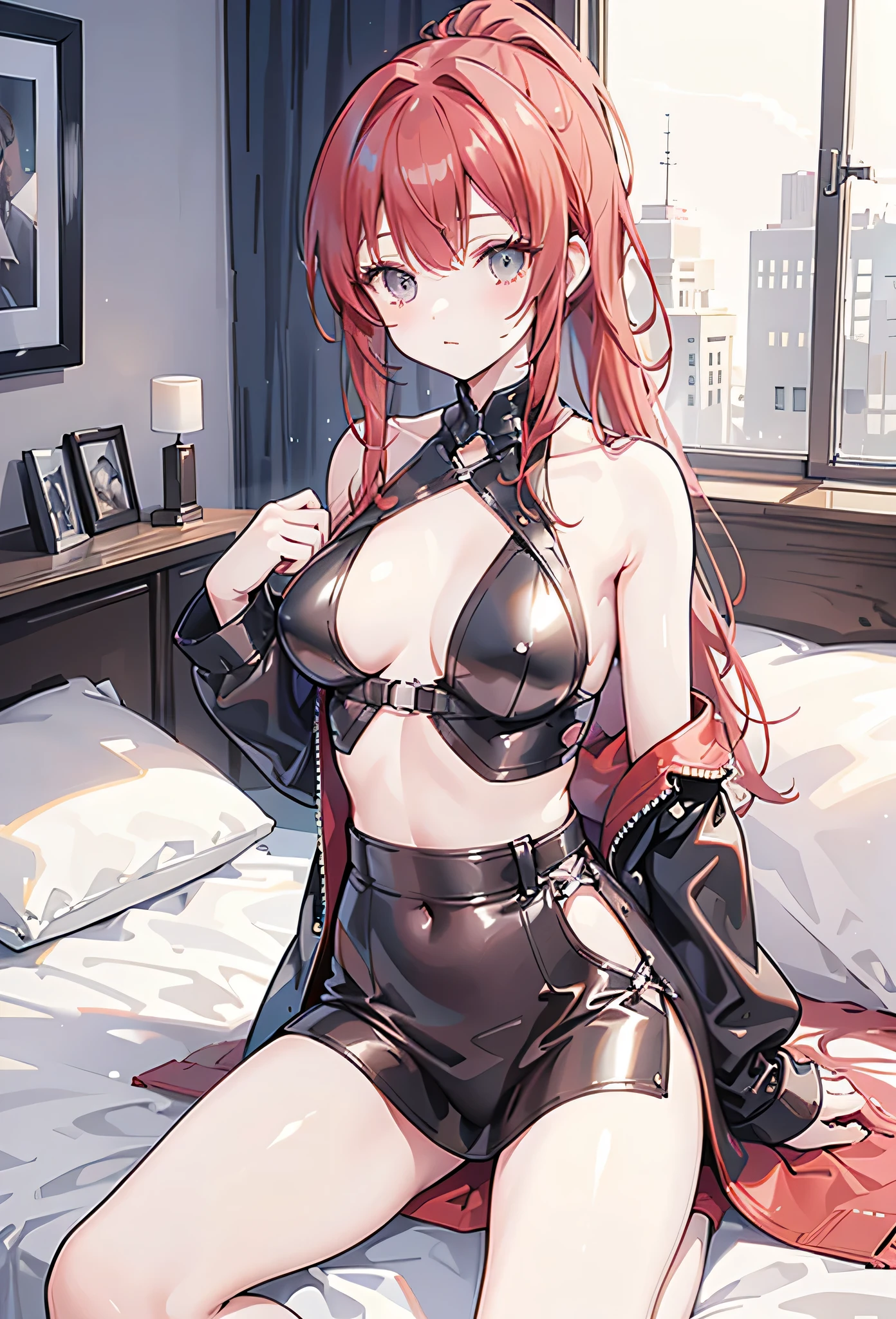 　Leather armor　Thighs　ponytail　Modest chest　Red hair　Lying in bed　Half naked