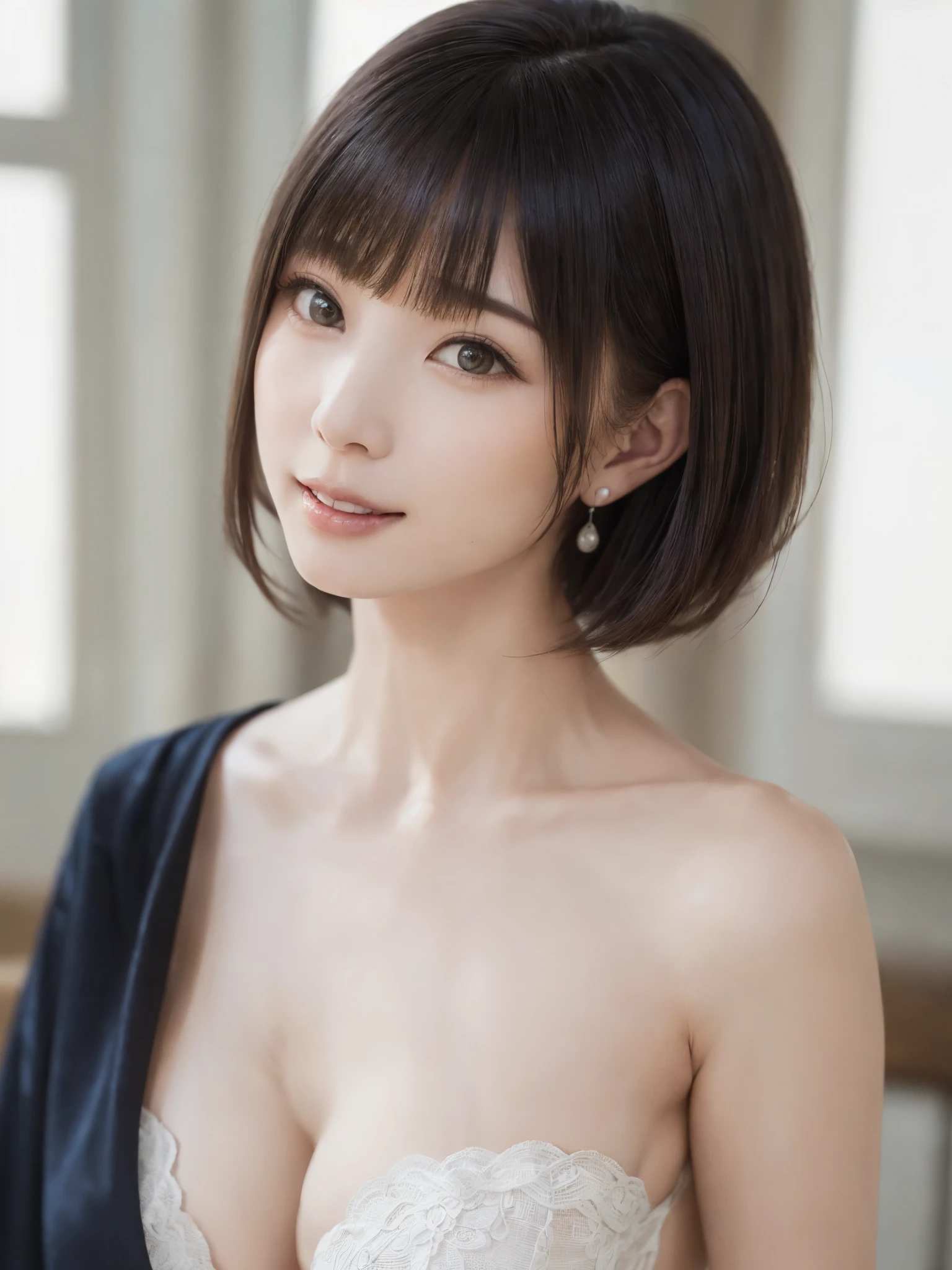 (From the back:1.4、Tabletop:1.4、highest quality:1.4、Best image quality:1.4、Cute beautiful adult woman, Adult smile:1.4、Beautiful Teeth、Lip gloss、Short Brunette Bob、Shiny shiny hair、Has shiny bangs:1.4、bangs:1.4、length, shiny shorthair、length neck:1.4、Show me your ears、Tall Supermodels、Broad shouldered supermodel、{Huge|big|Huge|Mega} chest:2, Beautiful chest have cleavage:2)、(very beautiful back、Cute school girl、Off-the-shoulder white see-through shirt、Checkered sheer loop pleated short skirt、28 years old)、Very cute and attractive woman、very beautiful back、Perfect Anatomy