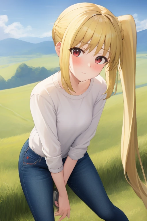 (masterpiece, highest quality:1.2), Blonde girl with red eyes,
Side Ponytail, Full Bang, jeans,leaning forward
,Embarrassed, field,
Super detaileded, highest quality, Expressive eyes, Perfect Face, super high quality, Super detailed