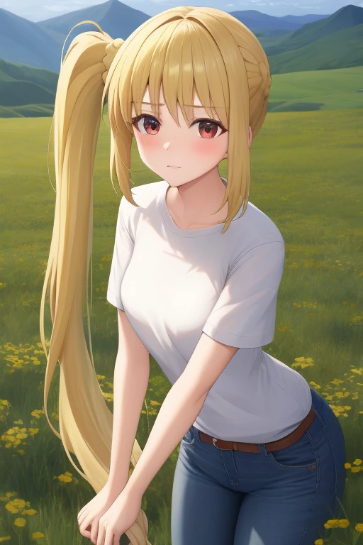 (masterpiece, highest quality:1.2), Blonde girl with red eyes,
 Side Ponytail, Full Bang,	jeans,leaning forward
,Embarrassed, field, 
Super detaileded, highest quality, Expressive eyes, Perfect Face, super high quality, Super detailed