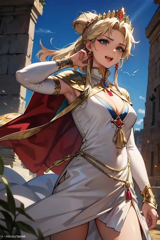 masterpiece, highest quality,High resolution,High-quality images,Detailed eye depiction,Skin luster,Shiny Hair,Fine grain,Adult women,Very detailed,Rin々Nice face,Open Mouth Smile,White and gold adventurer uniform,Royal attire,necklace,The world of medieval Europe,Show your armpits,Black eyes,The dignity of a hero,,Small hair ornament,tattoo,Cape,Legs visible through the skirt,Natural Beauty,Investigating the dilapidated ruins,The existence of megalithic civilizations,An ancient city of legends,huge stone arch,Stone stairs leading to the top,Cinematic,Large Breasts,Cleavage,Spread your legs and crouch down,