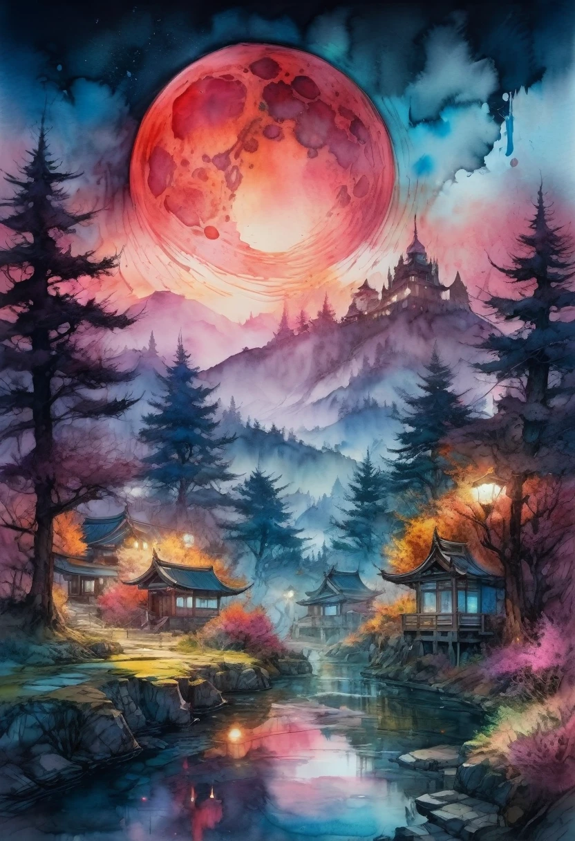 Watercolor Landscape, bloodmoon watercolor vibrant colors, landscape, bloodmoon Digital watercolor Illustration of a summerscape sunset, by JB, Waterhouse, Carne Griffiths, Minjae Lee, Ana Paula Hoppe, Stylized watercolor art, Intricate, Complex contrast, HDR, Sharp, soft Cinematic Volumetric lighting, flowery pastel colours, wide long shot, perfect masterpiece, detailed matte painting, deep color, fantastical, intricate detail, splash screen, complementary colors, fantasy concept art, 8k resolution trending on Artstation Unreal Engine 5, traditional media,watercolor \(medium\),pencil \(medium\),paper \(medium\),painting \(medium\),