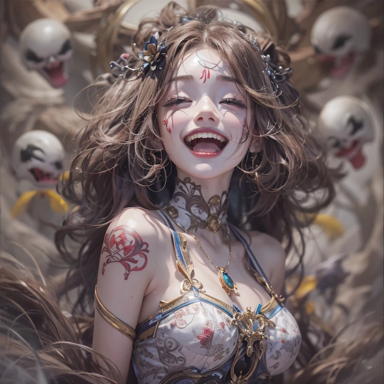 Hiding in the tomb、Hair flow、 ((highest quality、masterpiece、8k、Best image quality、Ultra-high resolution、Award-winning works)、(Accurate anatomy:1.1)、(Look at me and smile:1.1)、Shining fair skin with Ultra-high resolution、The most detailed face、Ultra-high resolution detailed face、Ultra-high resolutionの髪の毛、(Ultra-high resolutionの煌めく瞳:1.1)、Beautiful face drawn in every detail、Cheerful clown costume, Chest to chest, tattoo,Strange atmosphere, Ghosts flow 