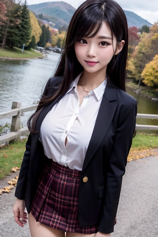 Black Hair Long Hair Japanese women Well-groomed Tartan Skirt A white blouse with all the buttons fastened Slender body FCup boobs Pitiful clear glossy gracefulness Mature face Facing forward with a smiling face breast enhancement Mountainous area Valley Clear Stream autumn leaves On Bridge