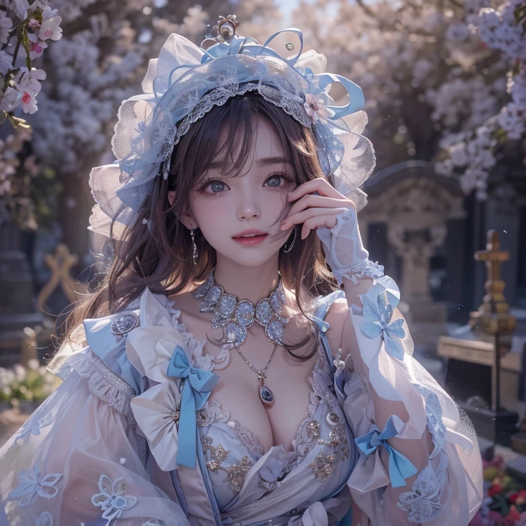 Standing in the grave、Hair flow、 ((highest quality、masterpiece、8k、Best image quality、Ultra-high resolution、Award-winning works)、(Accurate anatomy:1.1)、(Look at me and smile:1.1)、Shining fair skin with Ultra-high resolution、The most detailed face、Ultra-high resolution detailed face、Ultra-high resolutionの髪の毛、(Ultra-high resolution eye:1.1)、Beautiful face drawn in every detail、Cheerful clown costume, Chest to chest, Strange atmosphere, Ghosts flow, Dark Light, At the Cemetery