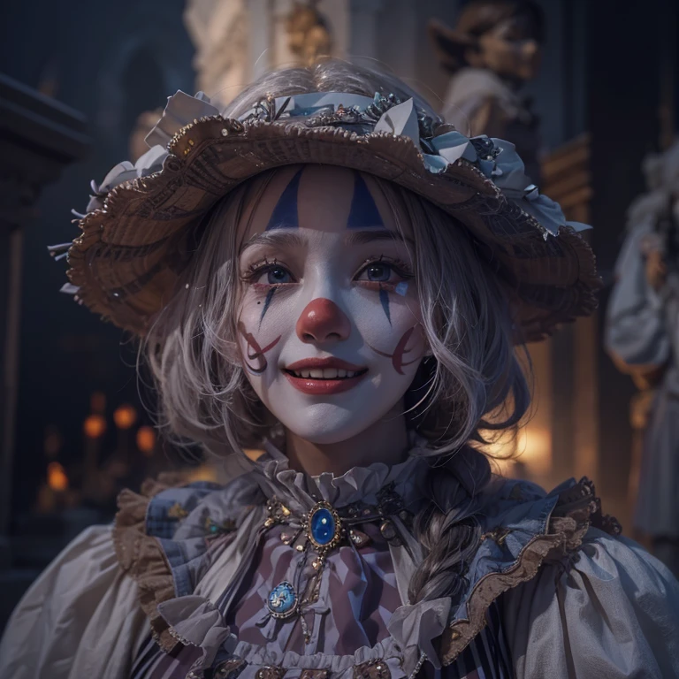 Standing in the grave、Hair flow、 ((highest quality、masterpiece、8k、Best image quality、Ultra-high resolution、Award-winning works)、(Accurate anatomy:1.1)、(Look at me and smile:1.1)、Shining fair skin with Ultra-high resolution、The most detailed face、Ultra-high resolution detailed face、Ultra-high resolutionの髪の毛、(Ultra-high resolution eye:1.1)、Beautiful face drawn in every detail、Cheerful clown costume, Chest to chest,  Strange atmosphere, Ghosts flow, Dark Light, At the Cemetery 