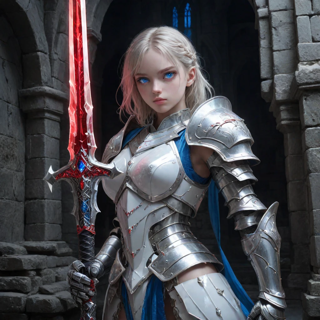 amazing quality,masterpiece,best quality,hyper detailed,ultra detailed,UHD,perfect anatomy,hyper detailed eyes,(in castle:1.2),
girl knight in white armor and blue glowing eyes holding oversized red crystal greatsword with thick edge with both hand,dazzling,transparent,polishing,extremely detailed,thin,from_side,