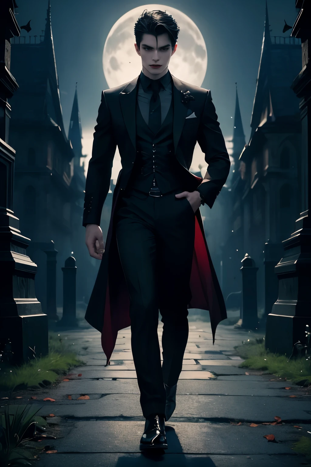 ((Best quality)), ((masterpiece)), 8k (detailed), ((perfect face)), perfect proporcions, ((halfbody)) he is a handsome vampire, he is 18 years old, he has black hair, gothic clothes, corset, bare chest, he extends his arms to his sides, he walks forward, there is a full moon behind him,There is a cemetery behind him ((perfect face)) ((vampire ambience)) night sky