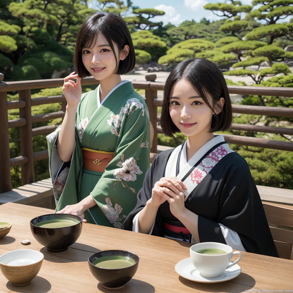 masterpiece, highest quality, An illustration, Super detailed, In detail, High resolution, 8K Quality Wallpapers, Perfect dynamic composition, Beautiful fine details, kimono, 整ったkimono姿, (Black Short Hair), smile, Looking into the camera, Kyoto Uzumasa Studio Park, Japanese Castle Town, Japanese garden, Matcha, Tea Ceremony