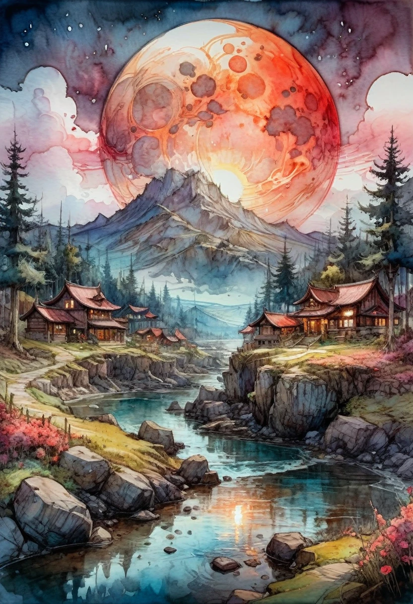 Watercolor Landscape, bloodmoon watercolor vibrant colors, landscape, bloodmoon Digital watercolor Illustration of a summerscape sunset, by JB, Waterhouse, Carne Griffiths, Minjae Lee, Ana Paula Hoppe, Stylized watercolor art, Intricate, Complex contrast, HDR, Sharp, soft Cinematic Volumetric lighting, flowery pastel colours, wide long shot, perfect masterpiece, detailed matte painting, deep color, fantastical, intricate detail, splash screen, complementary colors, fantasy concept art, 8k resolution trending on Artstation Unreal Engine 5, traditional media,watercolor \(medium\),pencil \(medium\),paper \(medium\),painting \(medium\),