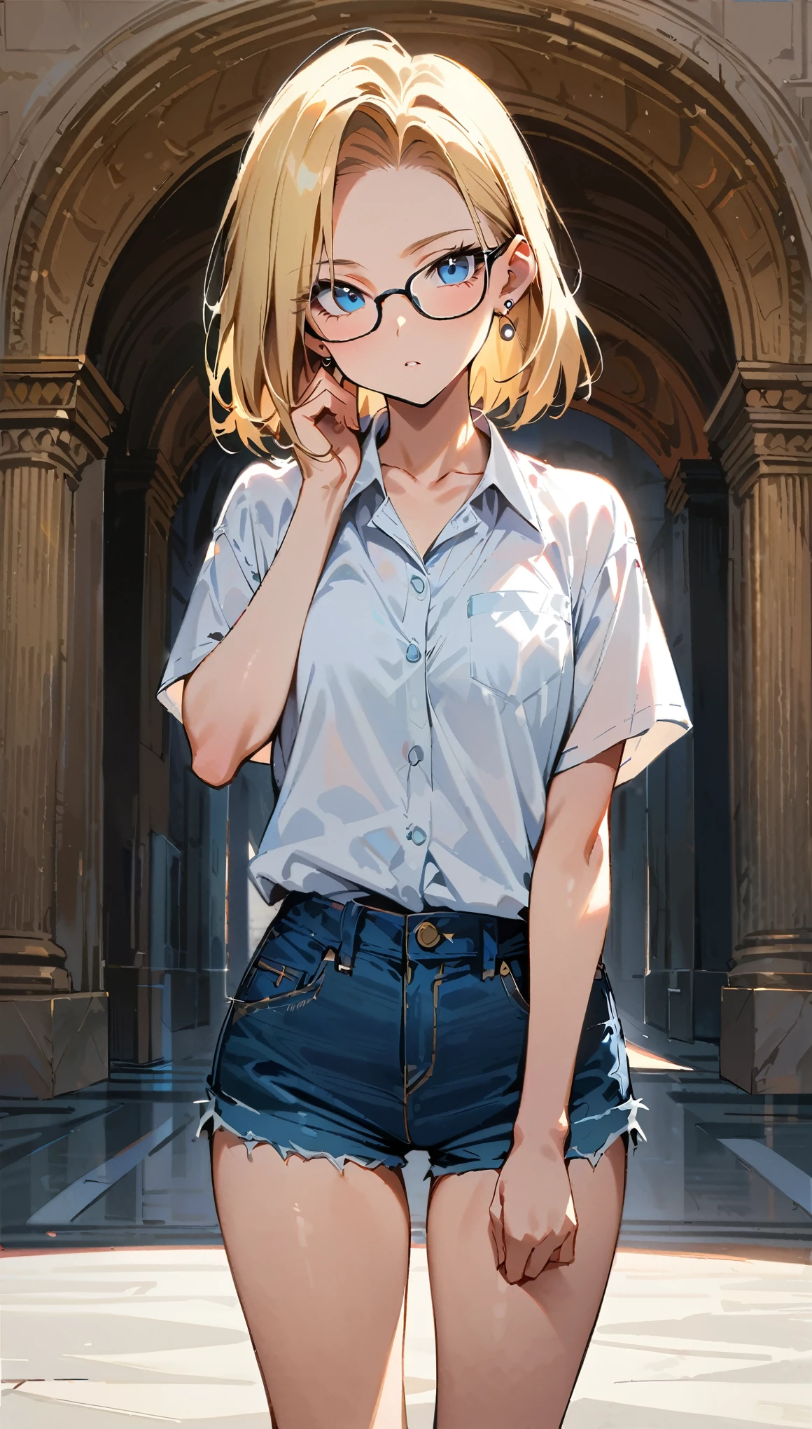 (masterpiece, best quality:1.2), upper knee shot, solo, Android 18 from Dragon Ball, standing at the entrance of the Louvre museum, the iconic glass pyramid visible in the far distance, white long collared Y-shirt tucked into denim shorts, showing only collarbone, denim shorts, thin thighs, short blonde hair loose, (blue eyes), (wearing glasses), earrings on earlobes, slender feminine figure, narrow waistline, skinny body, sunlight, blur background, 4K