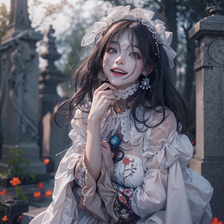 Standing in the grave、Hair flow、 ((highest quality、masterpiece、8k、Best image quality、Ultra-high resolution、Award-winning works)、(Accurate anatomy:1.1)、(Look at me and smile:1.1)、Shining fair skin with Ultra-high resolution、The most detailed face、Ultra-high resolution detailed face、Ultra-high resolutionの髪の毛、(Ultra-high resolution eye:1.1)、Beautiful face drawn in every detail、Cheerful clown costume, Chest to chest,  Strange atmosphere, Ghosts flow, Dark Light, At the Cemetery, dark makeup 