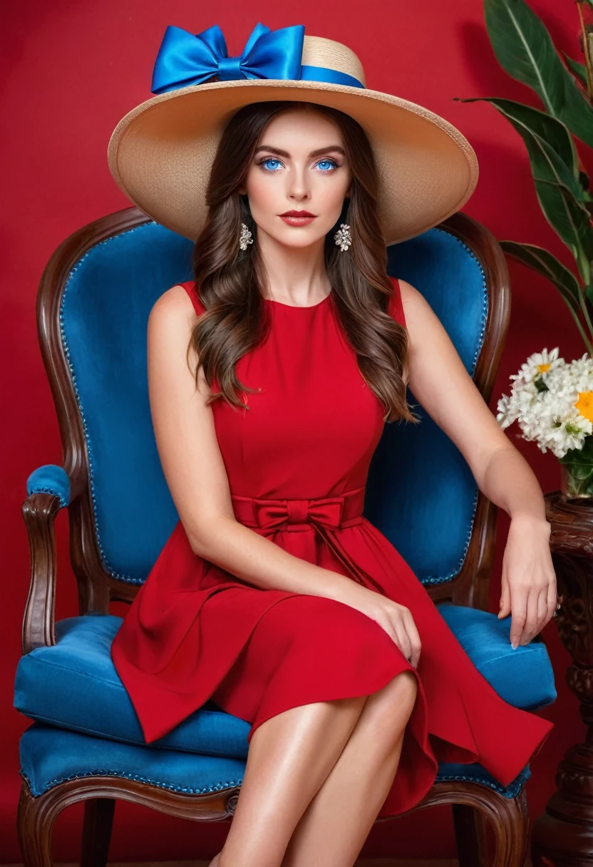 A beautiful woman with blue eyes and brown hair, vestida con un elegante vestido rojo y un sombrero con flores. She is sitting on a red chair and has a blue bow on her hat..