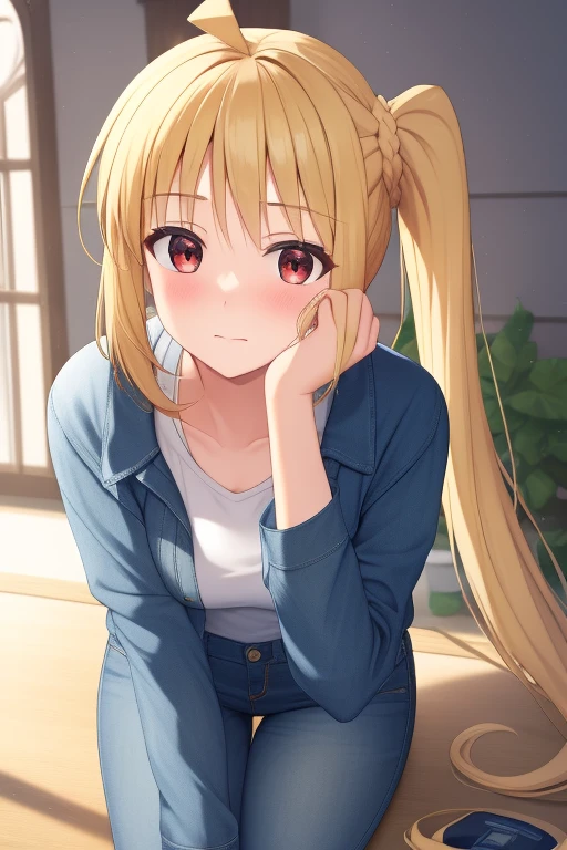 (masterpiece, highest quality:1.2), Blonde girl with red eyes,
Side Ponytail, Full Bang, jeans,leaning forward
,Embarrassed, at home,
Super detaileded, highest quality, Expressive eyes, Perfect Face, super high quality, Super detailed