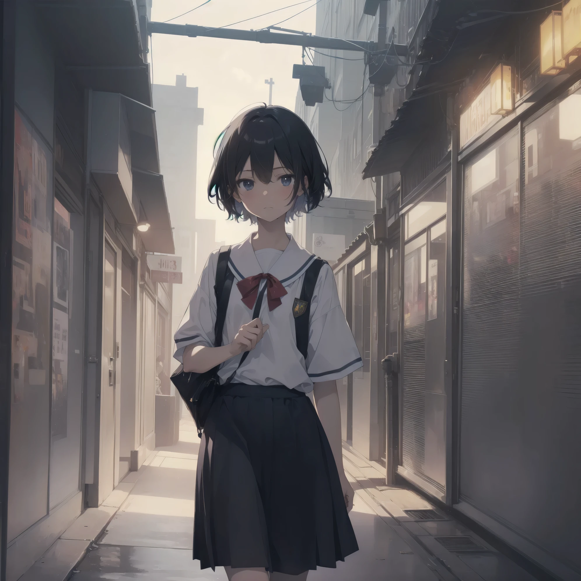 ultra-absurdres-Top quality by artist God, ultra-detailed, high resolution, anime moe artstyle, best anime 8k konachan wallpaper, pixiv contest winner, pool:2810, perfect anatomy,break, 1girl, (Please draw a girl walking sleepily to school alone. )break,(Solo,little female, 13-year-old:1.3),Full limbs, complete fingers,a junior high school student, (very short hair), short cut, flat chest, , small butt, small black eyes, beautiful detailed eyes, well-proportioned iris and pupils, expressive eyes, highres detailed hair, soft expression, salor school_uniform, sailor collar, serahuku, bow, pleated skirt,(Detailed Lighting), (Detailed background), in the School commute route. break,super detailed skin, Best cinematic lighting powered by famous artist, 8k,beauty illustration,photoshop_(medium),very aesthetic,break,((artist:hisona_(suaritesumi) )), artist:clamp ,artist:carnelian ,artist:kantoku ,