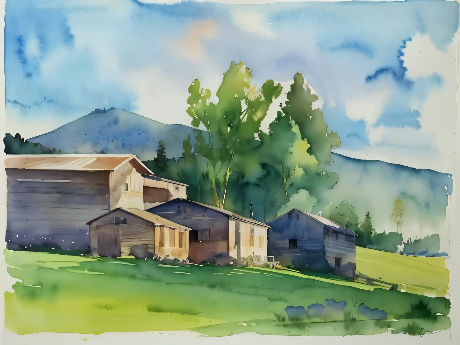 Watercolor landscape painting，The painting shows a barn and cows, ( watercolor ), author：Roy Newell, watercolor on paper, author：Fred Mitchell, watercolor painting, watercolor, watercolor colored painting, author：Franz Hagy, author：Jim Nelson, author：Hans Fischer, a watercolor painting, watercolor landscape, author：Ken Messer, Watercolor art on paper, William Bonnard