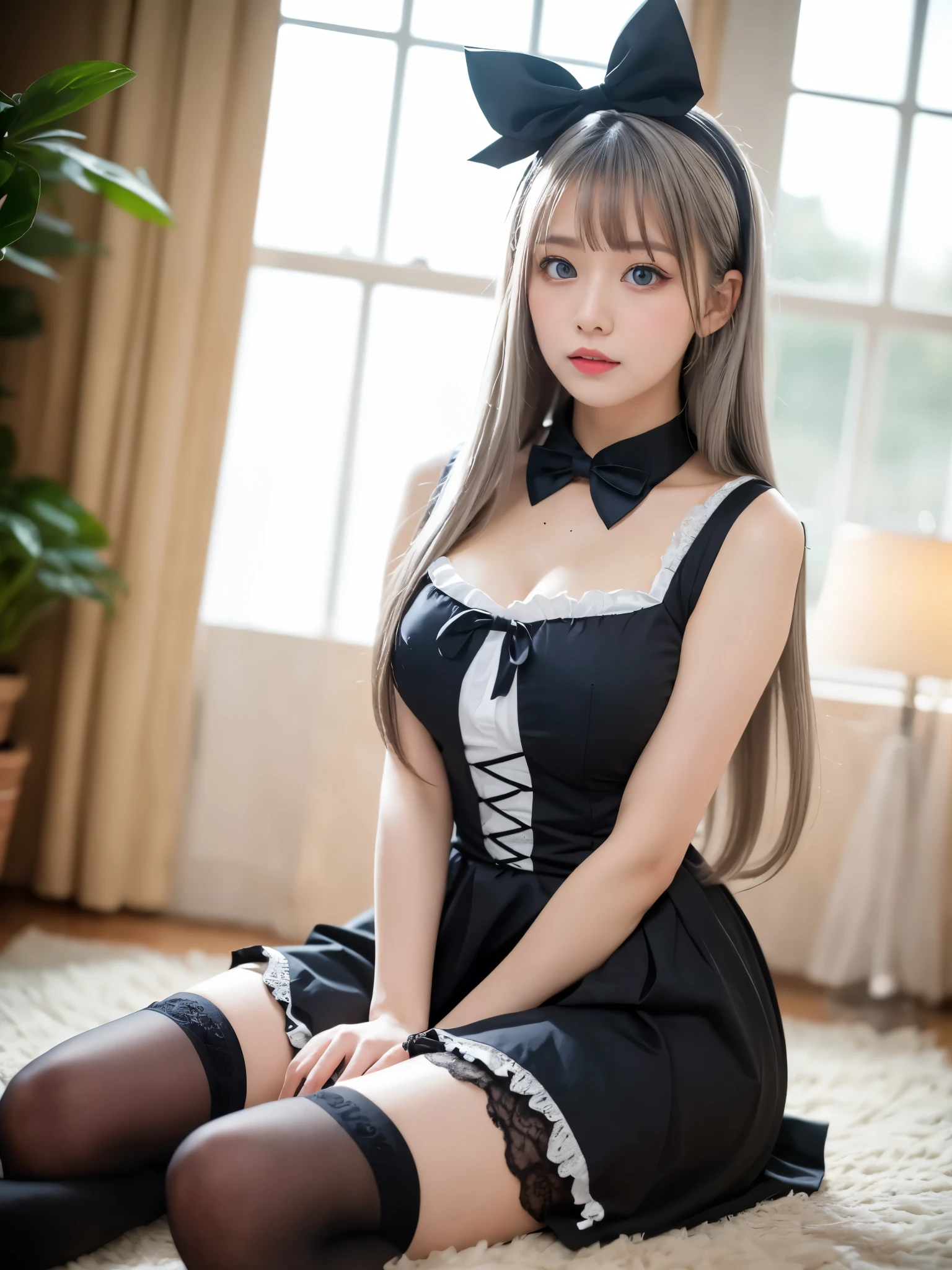 there is a woman sitting on a bed with stuffed animals, very beautiful cute catgirl, trending at cgstation, japanese goddess, ultrarealistic sweet bunny girl, [32k hd]^10, gorgeous maid, with bunny ears, loli in dress, loli, belle delphine, 8k)), with kitsune mask, wearing a pink rabbit costume